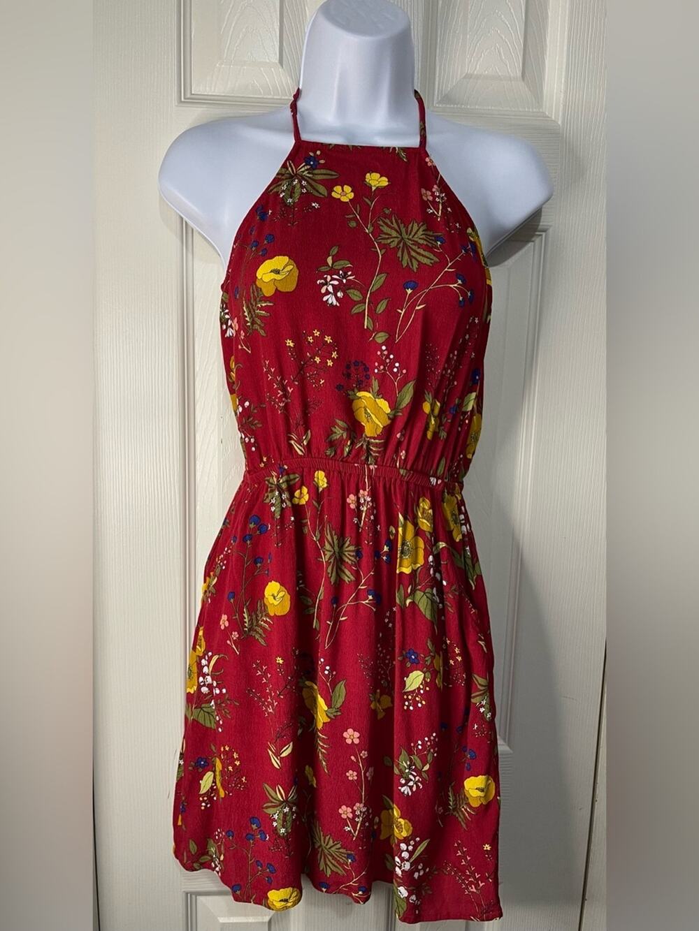 Express Red Floral Boho Retro Halter Tie Elastic Waist Mini Dress Pockets XS